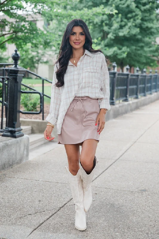 Just For Now Taupe Drawstring Faux Leather Skort