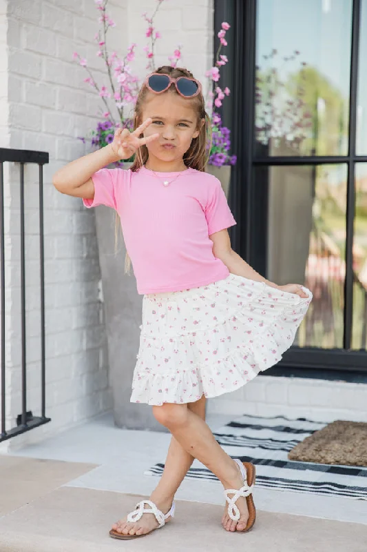 Kid's Through The Garden Ivory and Pink Ribbed Floral Mini Skort FINAL SALE