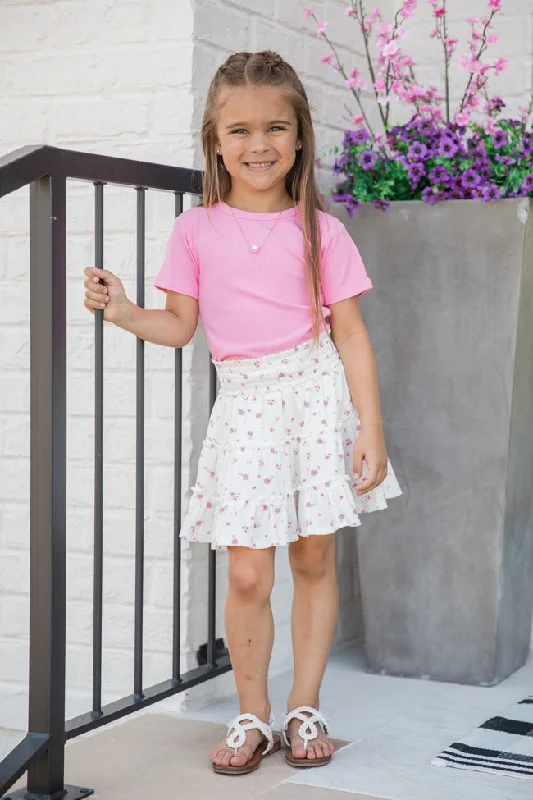 Kid's Through The Garden Ivory and Pink Ribbed Floral Mini Skort FINAL SALE