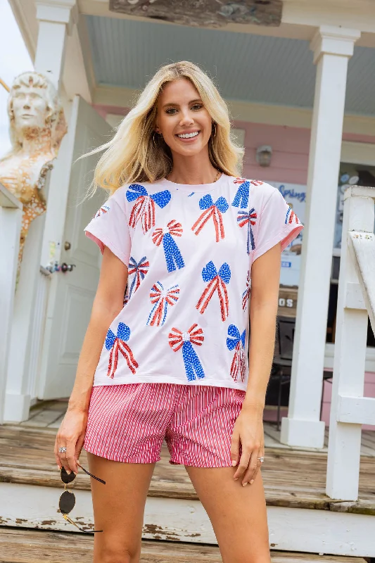 Light Pink Red, White & Blue Scattered Bow Tee