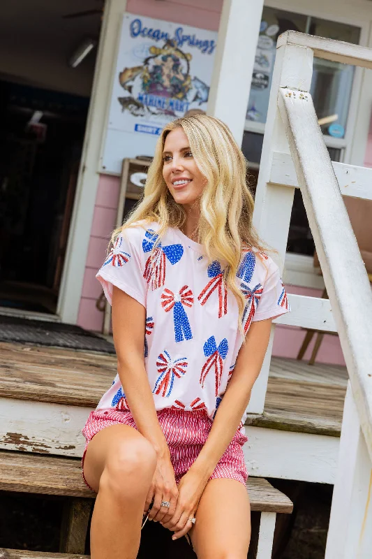 Light Pink Red, White & Blue Scattered Bow Tee