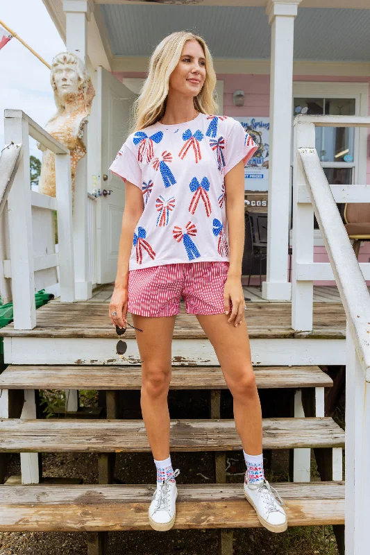 Light Pink Red, White & Blue Scattered Bow Tee