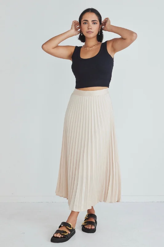 Luminescent Champagne Satin Pleated Midi Skirt