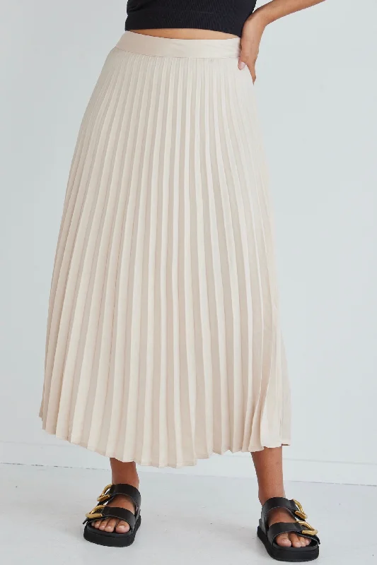 Luminescent Champagne Satin Pleated Midi Skirt