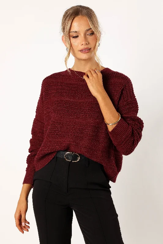 Nancy Crewneck Textured Knit Sweater - Burgundy