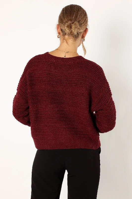 Nancy Crewneck Textured Knit Sweater - Burgundy