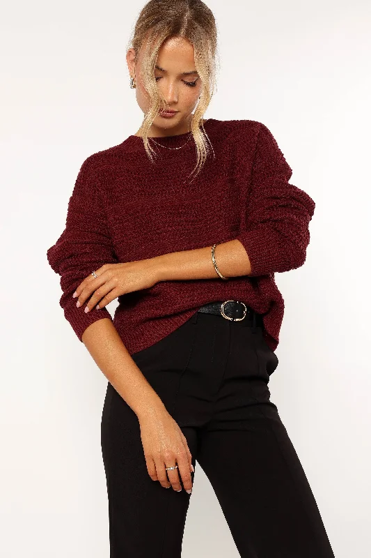 Nancy Crewneck Textured Knit Sweater - Burgundy