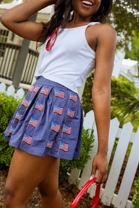 Navy Beaded Flag Pleat Skort