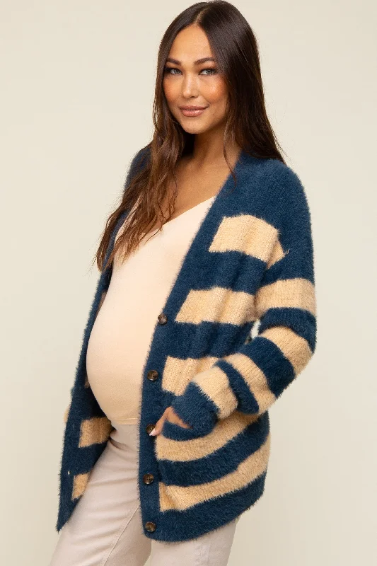 Navy Blue Striped Fuzzy Maternity Cardigan