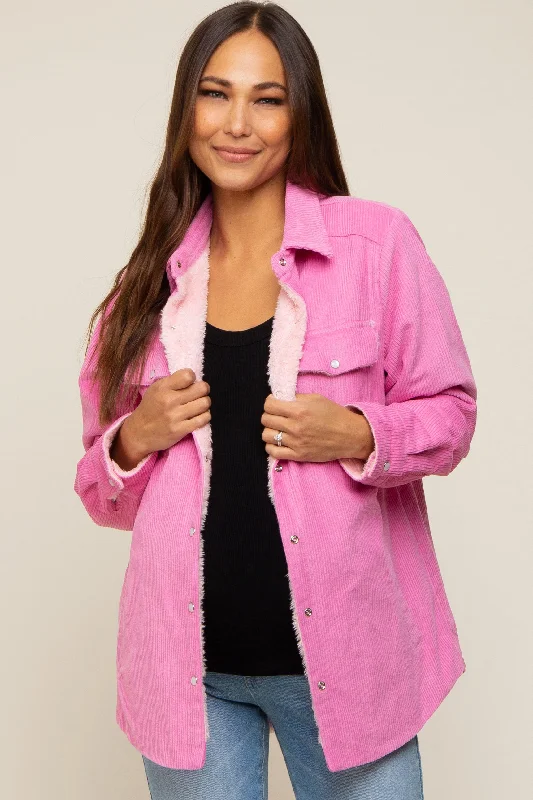 Pink Corduroy Sherpa Lined Maternity Shacket