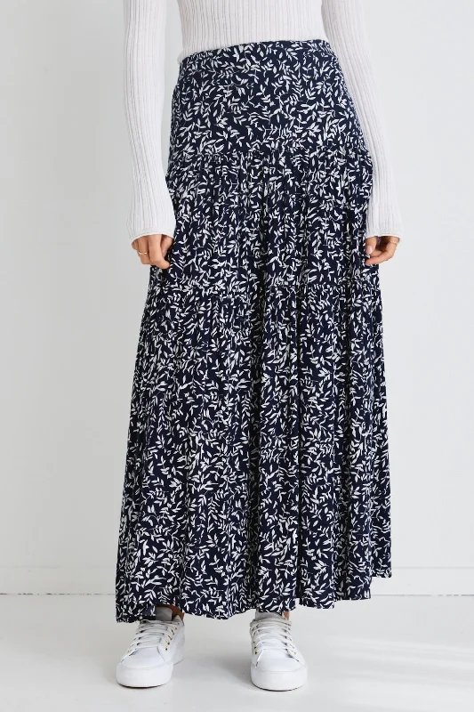 Playful Navy Leaf Elastic Back Tiered Maxi Skirt