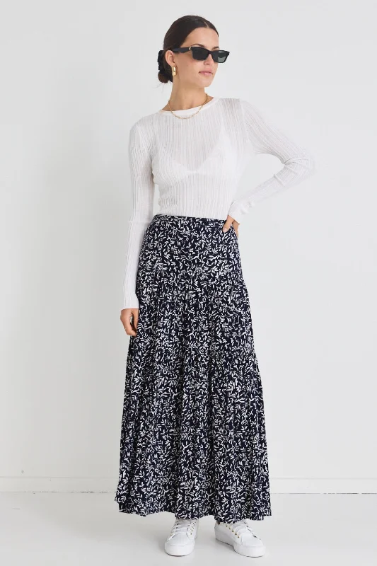 Playful Navy Leaf Elastic Back Tiered Maxi Skirt