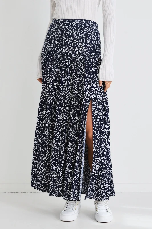 Playful Navy Leaf Elastic Back Tiered Maxi Skirt