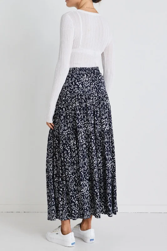 Playful Navy Leaf Elastic Back Tiered Maxi Skirt