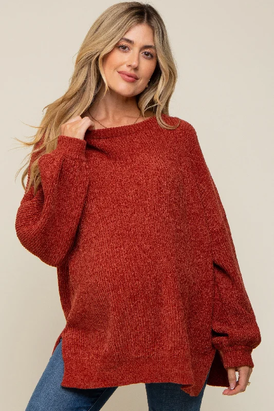 Rust Chenille Knit Balloon Sleeve Maternity Sweater