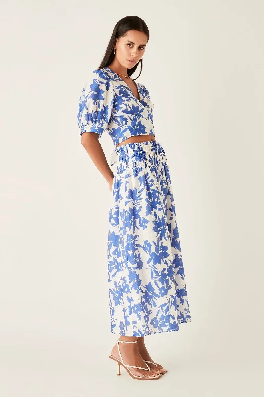 Santorini Blue Floral Midi Skirt