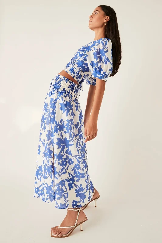 Santorini Blue Floral Midi Skirt