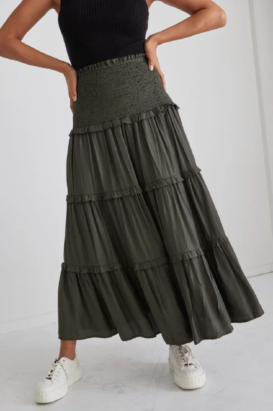 Soaring High Dark Khaki Satin Shirred Waist Tiered Midi Skirt