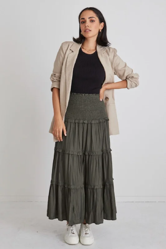 Soaring High Dark Khaki Satin Shirred Waist Tiered Midi Skirt