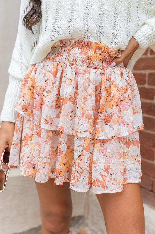 Summer Breezy Beige And Mustard Floral Tiered Skort