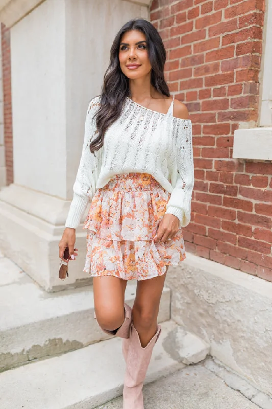 Summer Breezy Beige And Mustard Floral Tiered Skort