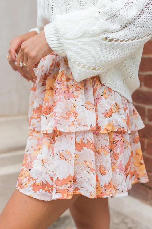 Summer Breezy Beige And Mustard Floral Tiered Skort