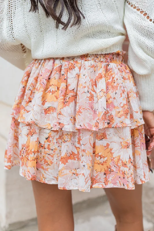 Summer Breezy Beige And Mustard Floral Tiered Skort