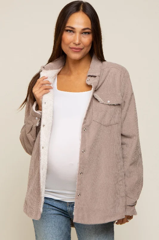 Taupe Corduroy Sherpa Lined Maternity Shacket