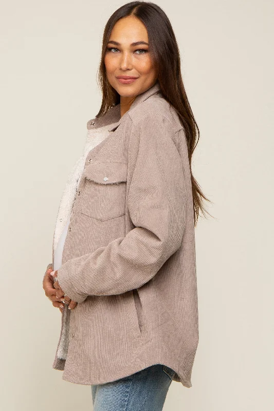 Taupe Corduroy Sherpa Lined Maternity Shacket