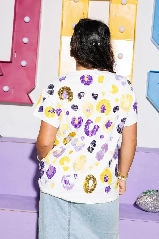 White, Purple & Yellow Leopard Sequin & Seed Bead Tee