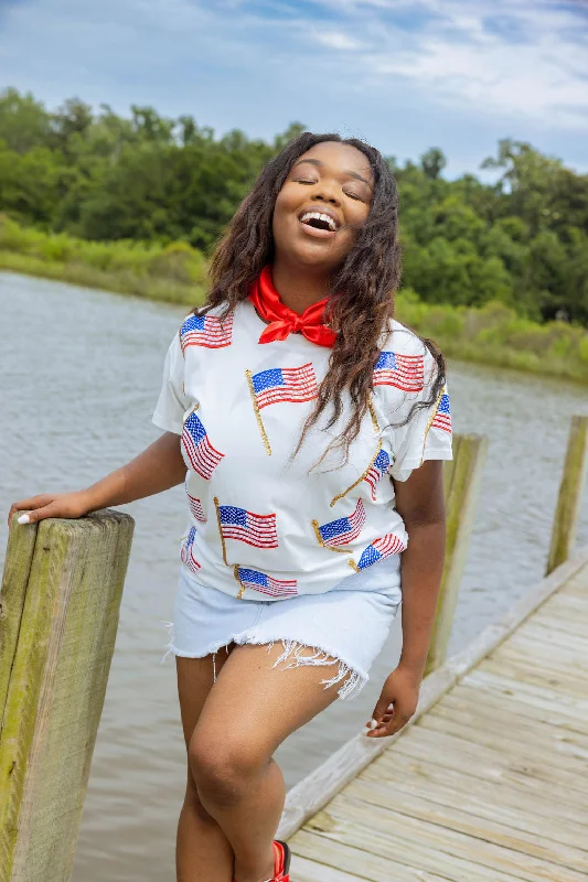 White Scattered Metallic American Flag Tee