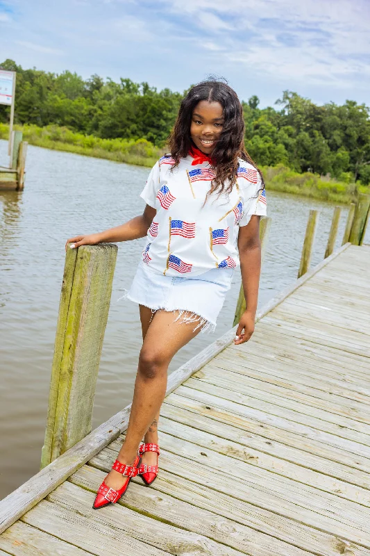 White Scattered Metallic American Flag Tee