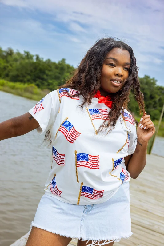 White Scattered Metallic American Flag Tee