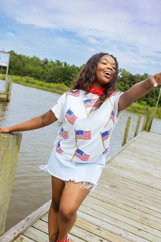 White Scattered Metallic American Flag Tee