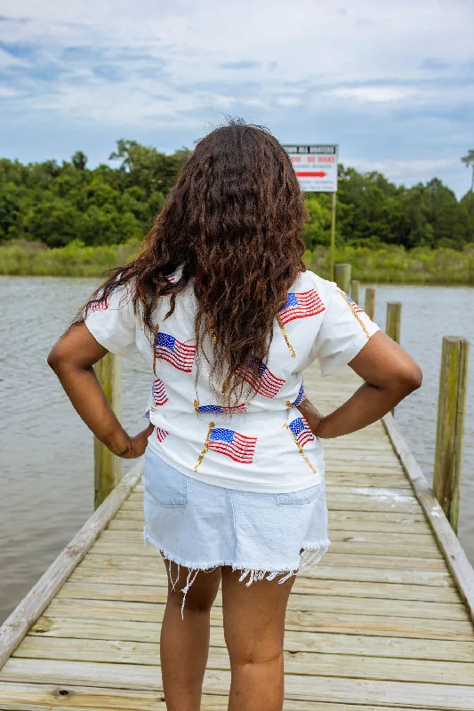 White Scattered Metallic American Flag Tee