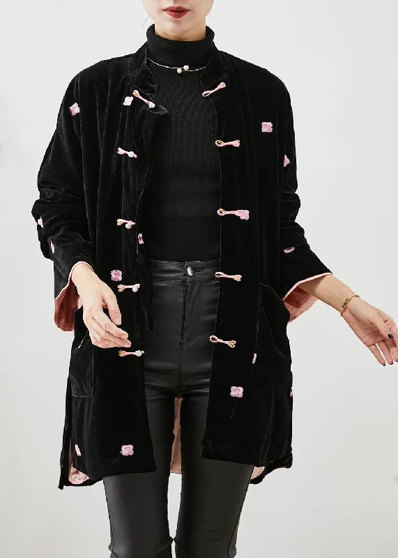 Unique Black Embroideried Chinese Button Silk Velour Coats Winter