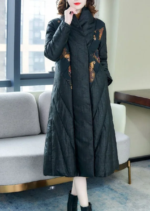 Unique Black Side Open Print Thick Fine Cotton Filled Coat Winter