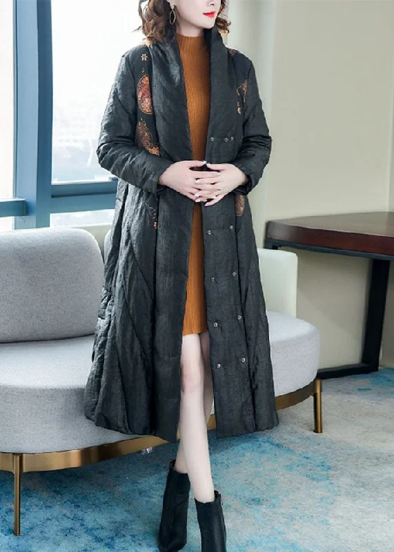 Unique Black Side Open Print Thick Fine Cotton Filled Coat Winter