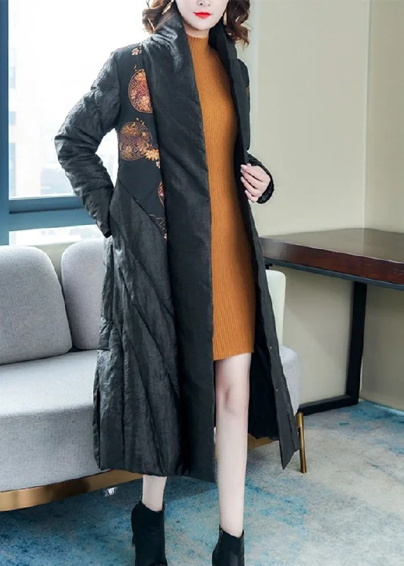 Unique Black Side Open Print Thick Fine Cotton Filled Coat Winter