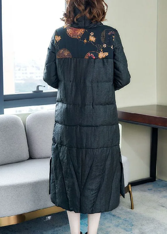 Unique Black Side Open Print Thick Fine Cotton Filled Coat Winter