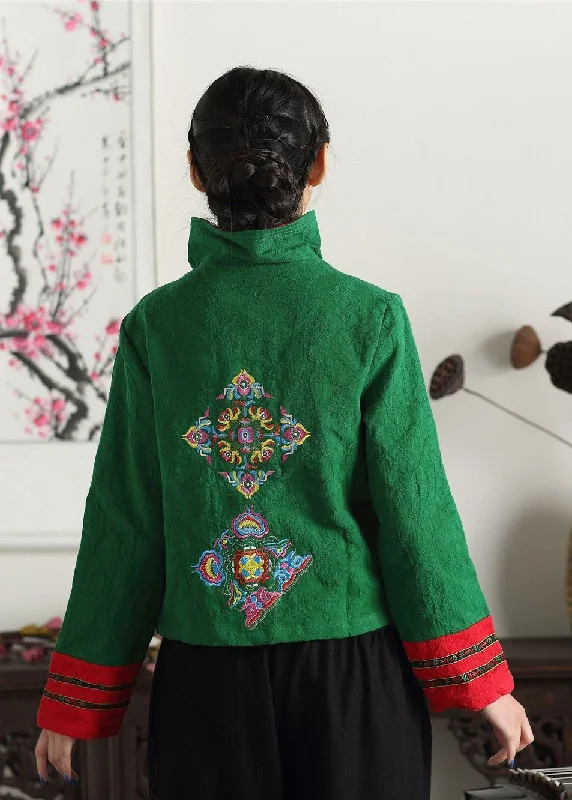 Unique Green Stand Collar Embroideried Patchwork Cotton Chinese Style Coats Spring