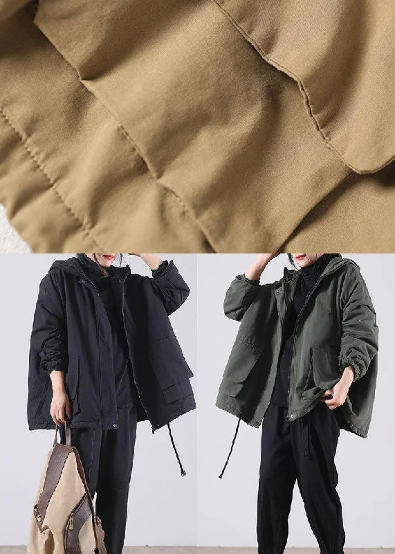 Unique Khaki Hooded drawstring Warm Fleece Jacket In Winter Winter