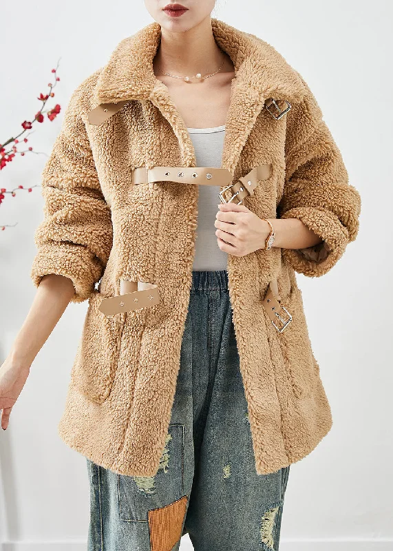 Unique Khaki Peter Pan Collar Pockets Faux Fur Teddy Coats Winter