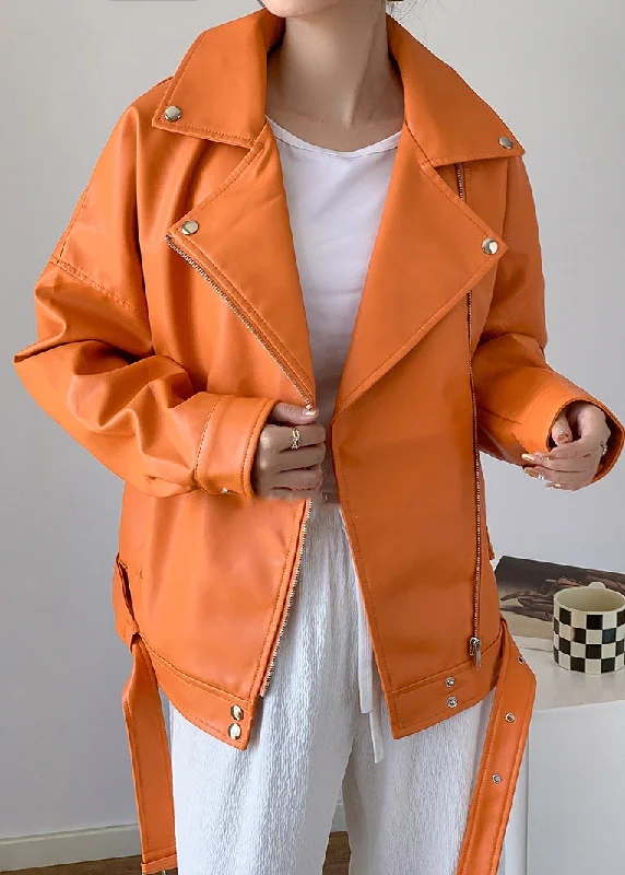 Unique Orange Peter Pan Collar Zippered Patchwork Faux Leather Jacket Fall