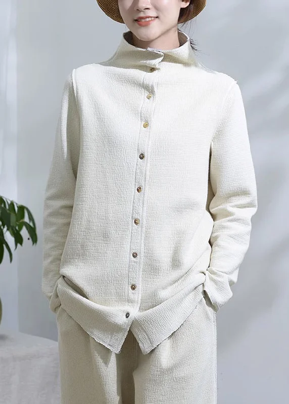 Unique White Stand Collar Button Patchwork Cotton Coats Fall