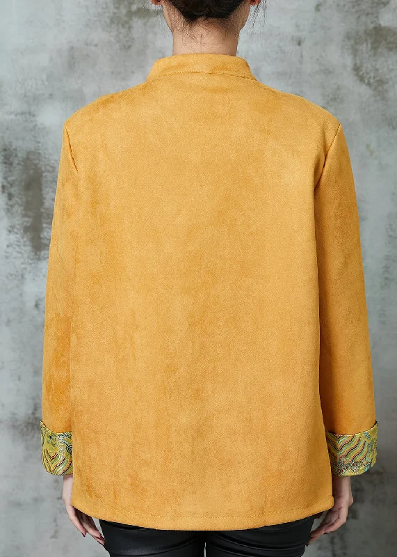 Unique Yellow Pockets Faux Suede Chinese Style Jackets Spring