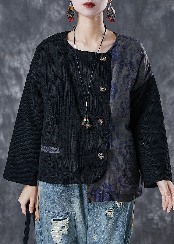 Vintage Black Asymmetrical Patchwork Fine Cotton Filled Coats Winter