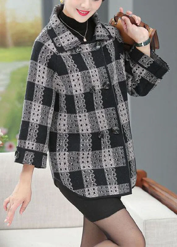 Vintage Black Peter Pan Collar Plaid Bouble Breast Woolen Coats Long Sleeve