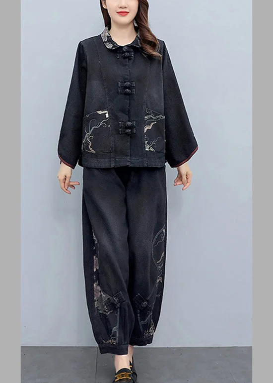 Vintage Black Peter Pan Collar Print Denim Coats And Pants Two Pieces Set Fall