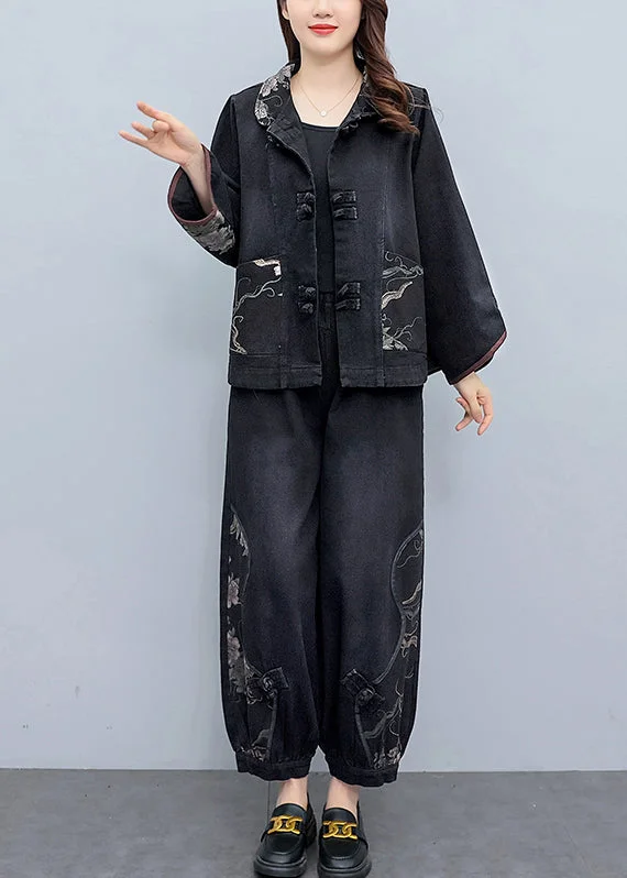 Vintage Black Peter Pan Collar Print Denim Coats And Pants Two Pieces Set Fall